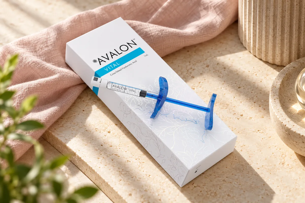 Illustration of the catalogued AVALON Vital package and capped syringe on an ivory counter.
