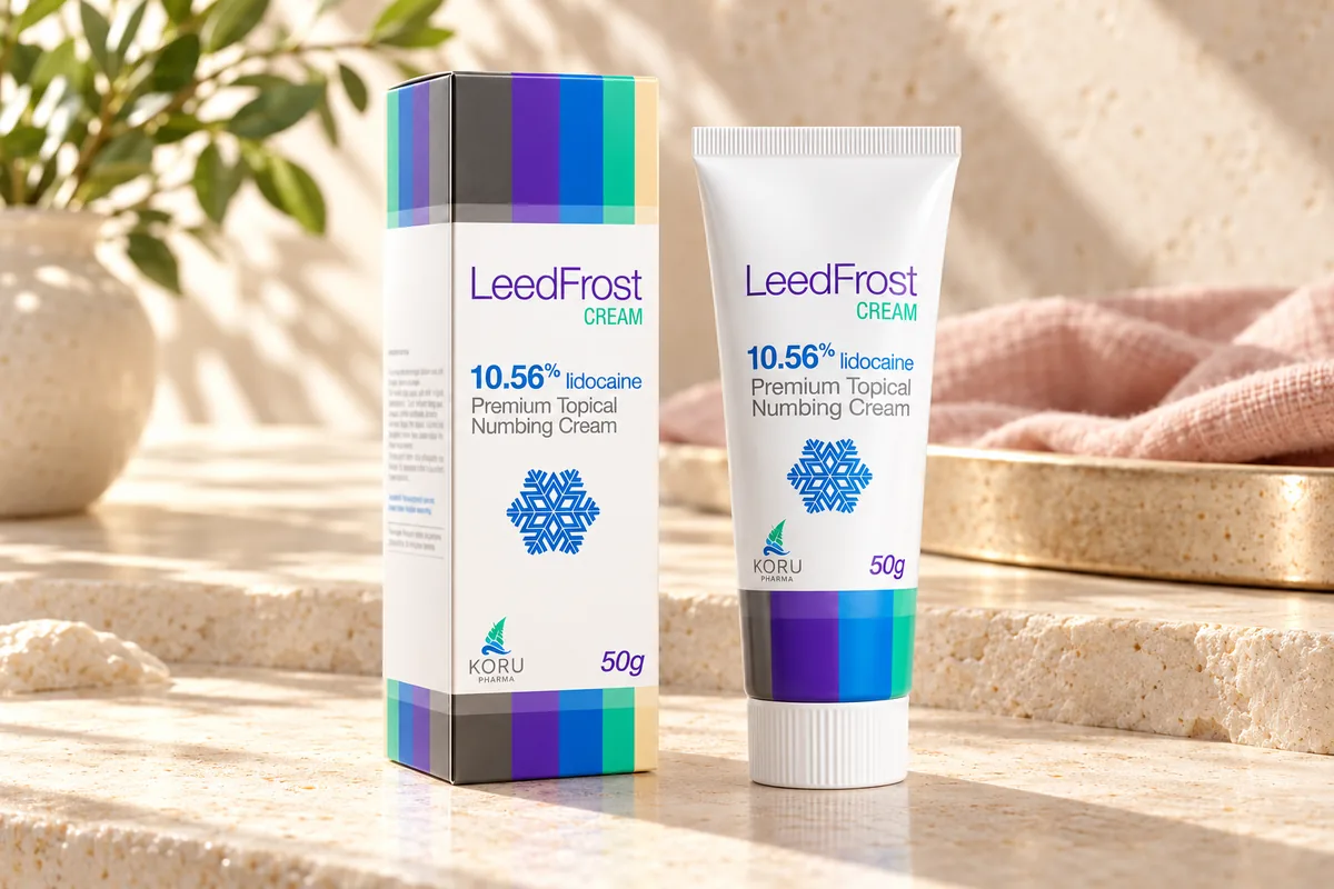 Illustration of the catalogued LeedFrost Cream 50g box and tube on an ivory counter.