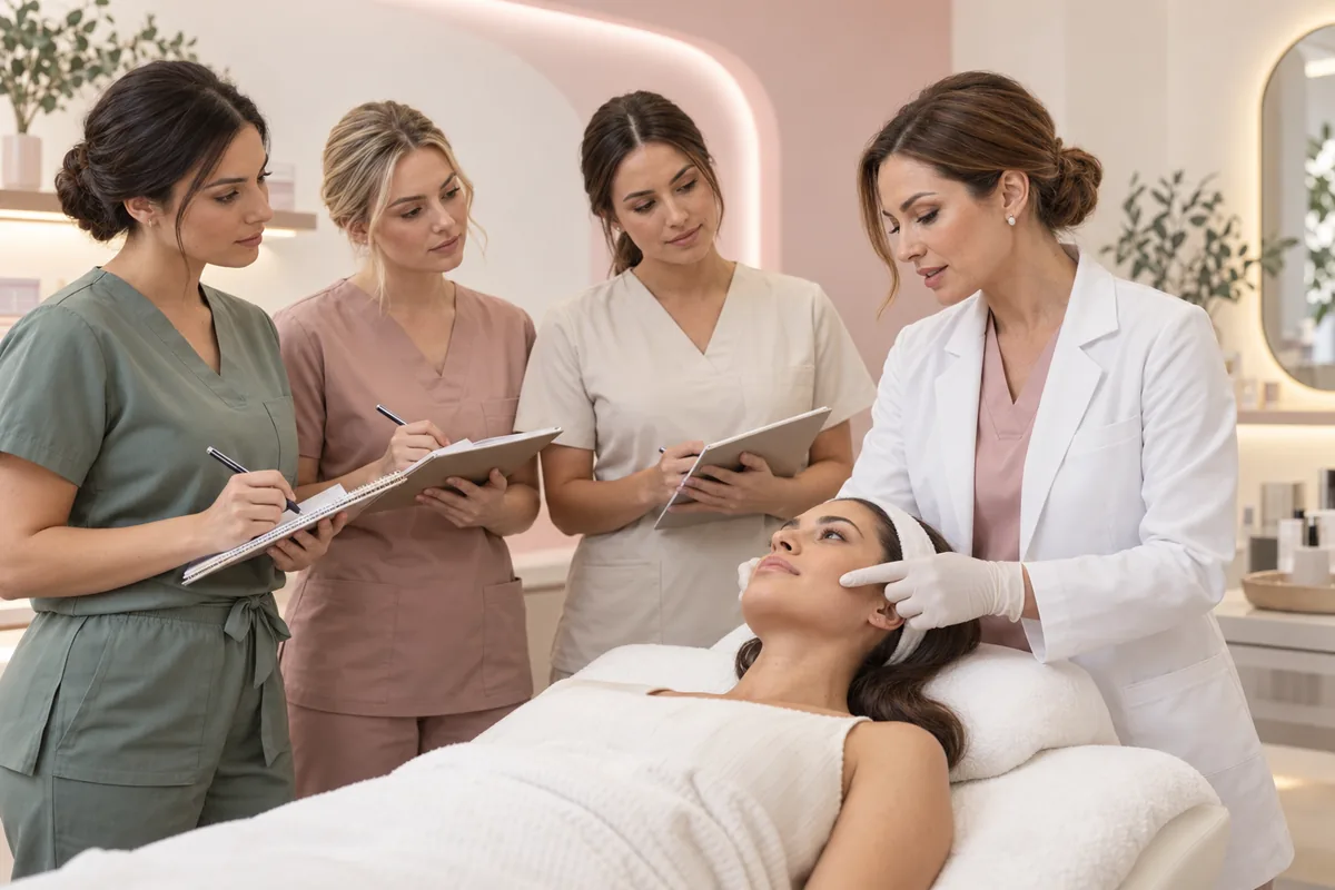 Illustrative hands-on facial care session with a female instructor and trainees.