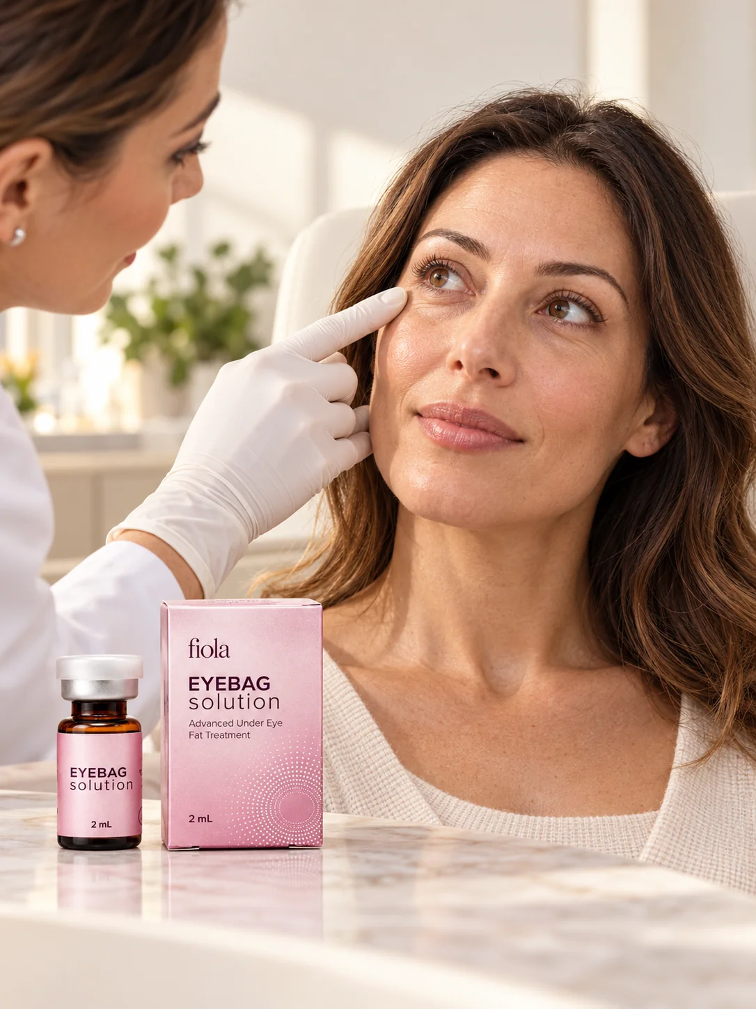 Illustrative eye contour consultation scene with Fiola Eyebag Solution.